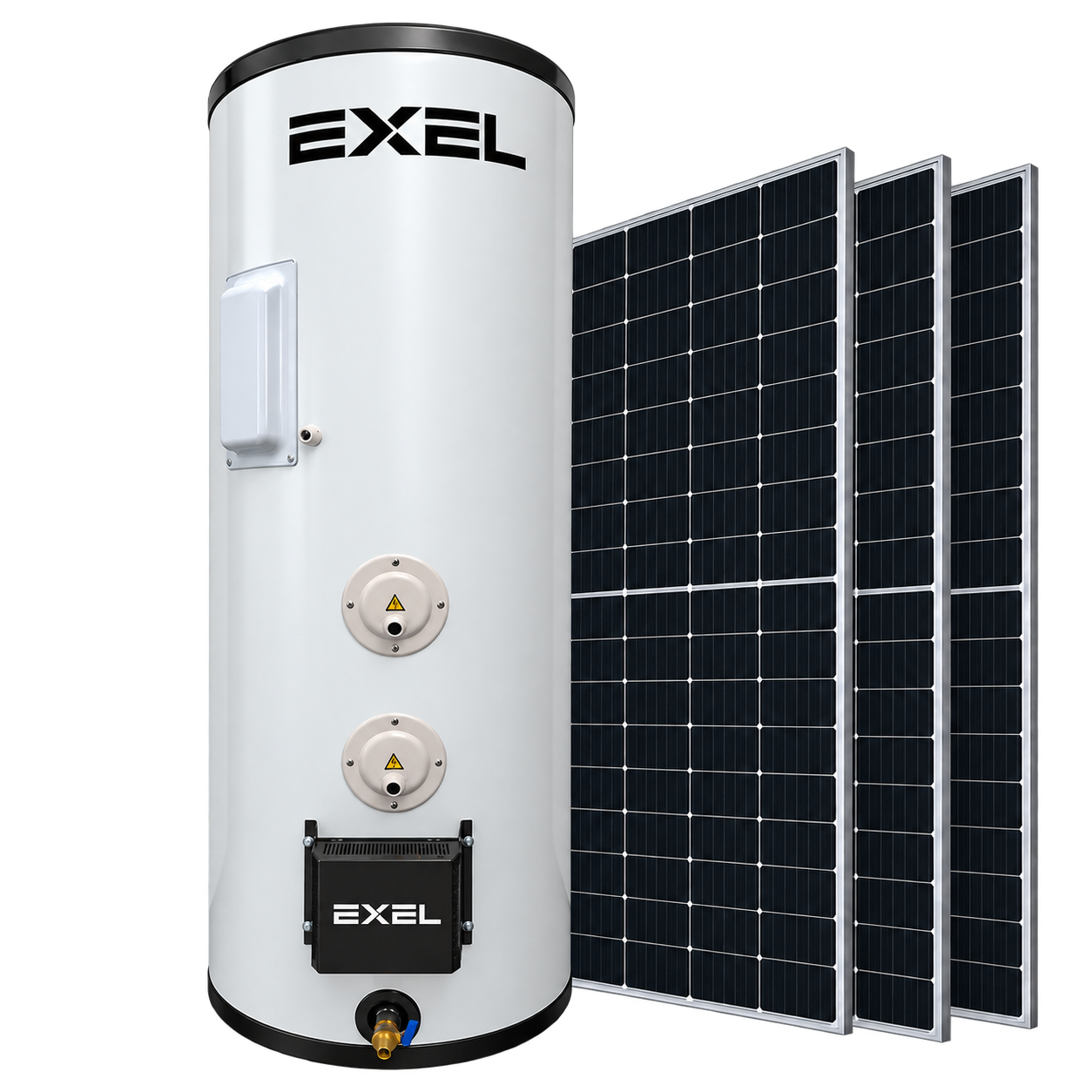 EXEL solar water heating system with storage tank and photovoltaic panels