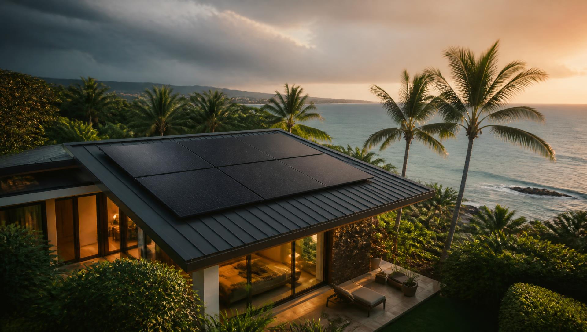 Upscale Hawaii home with photovoltaic solar panels on the roof